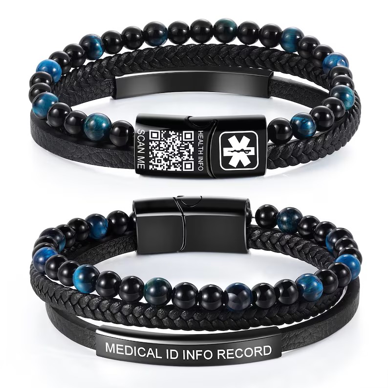 Health Wellness Bracelet - 天然タイガーアイストーン医療IDブレスレット メンズ 編み込み本革リストバンド カスタムQRコード 緊急通知 ヘルスジュエリー