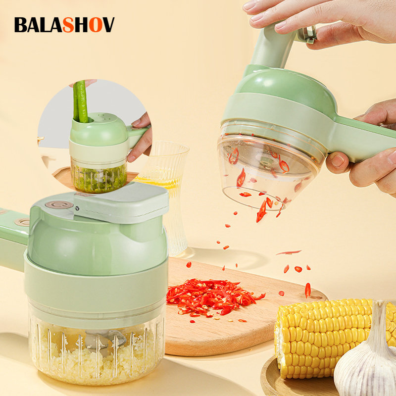 Health Wellness Lifestyle - 4In1 電気野菜カッターセットハンドヘルドワイヤレス電気ガーリックマッシャー食品チョッパー肉グラインダーマシン食品皮スライス