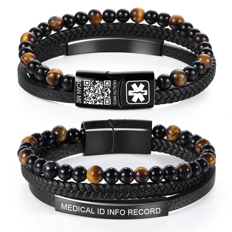 天然タイガーアイストーン医療IDブレスレット メンズ 編み込 - Health Wellness Bracelet のレビューと価格