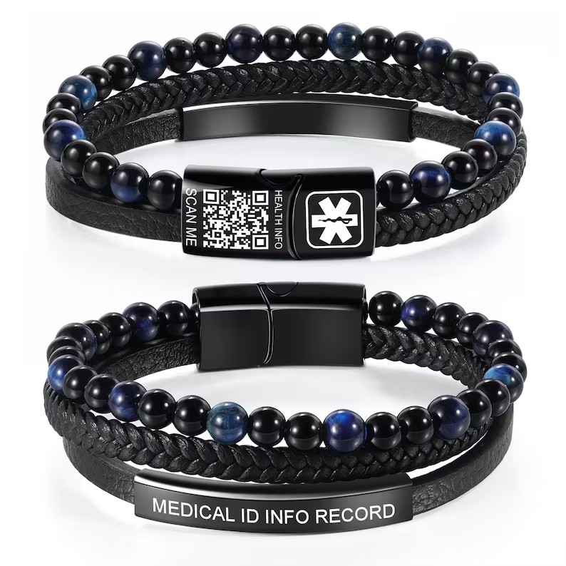 天然タイガーアイストーン医療IDブレスレット メンズ 編み込 - Health Wellness Bracelet のレビューと価格