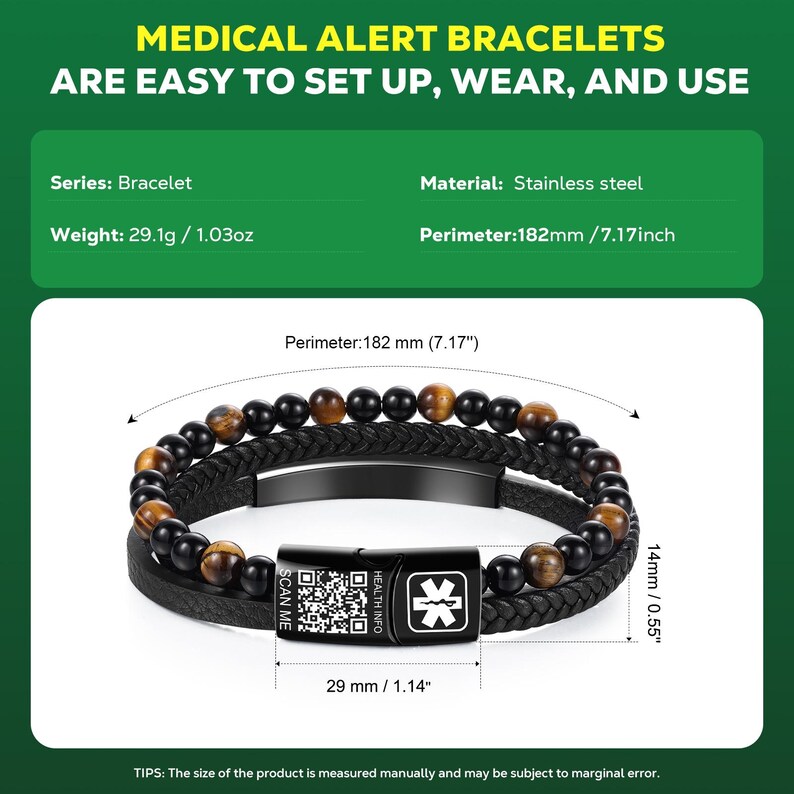 天然タイガーアイストーン医療IDブレスレット メンズ 編み込 - Health Wellness Bracelet のレビューと価格